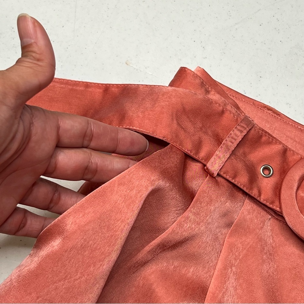 Vici Wide Leg Coral-Peach Silky Pants with Circular Buckle Belt - Picture 13 of 15